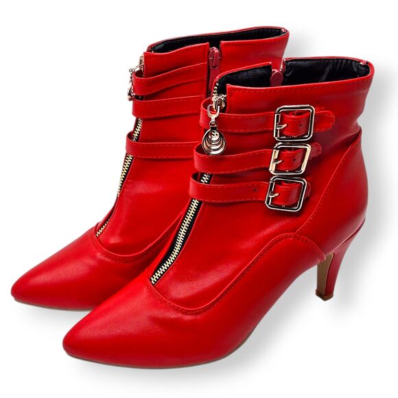 Sexy Red Buckle Zip Heel Ankle Boots - Size 8 - Cosplay Harajuku Retro Chic - Picture 1 of 9